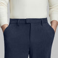 Close-up of waistband on Men's Corduroy Dress Pants, highlighting textured corduroy and tailored fit.