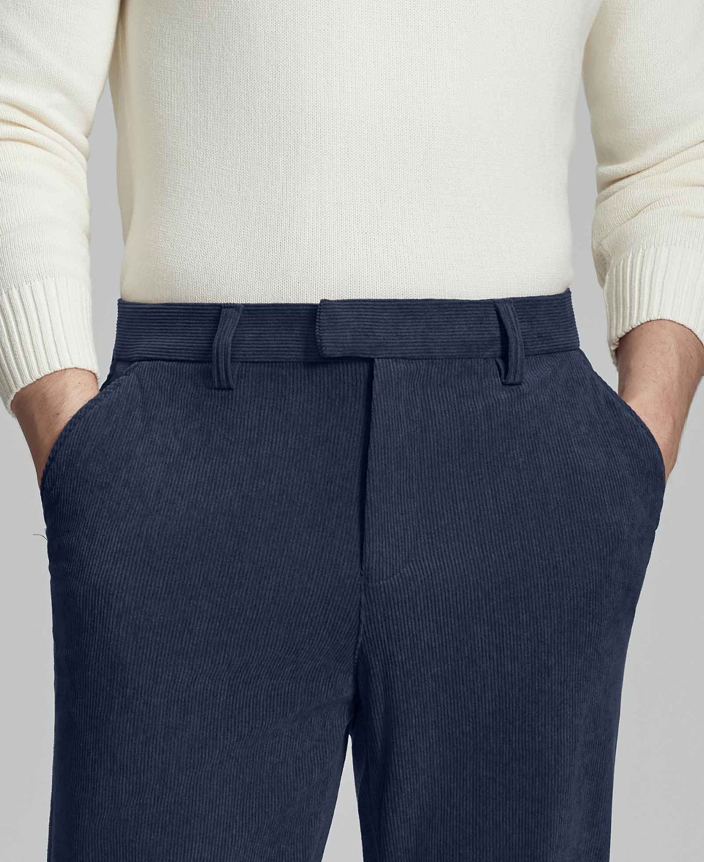 Close-up of waistband on Men's Corduroy Dress Pants, highlighting textured corduroy and tailored fit.
