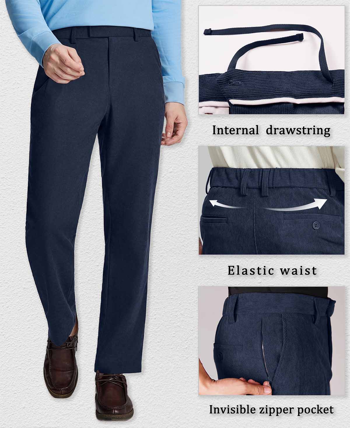 Features: built-in drawstring, elastic waist, hidden zipper pockets, enhancing comfort and practicality on Men's Corduroy Dress Pants.
