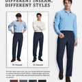 Different inseam lengths of Men's Corduroy Dress Pants fitting various styles with the same waist size.