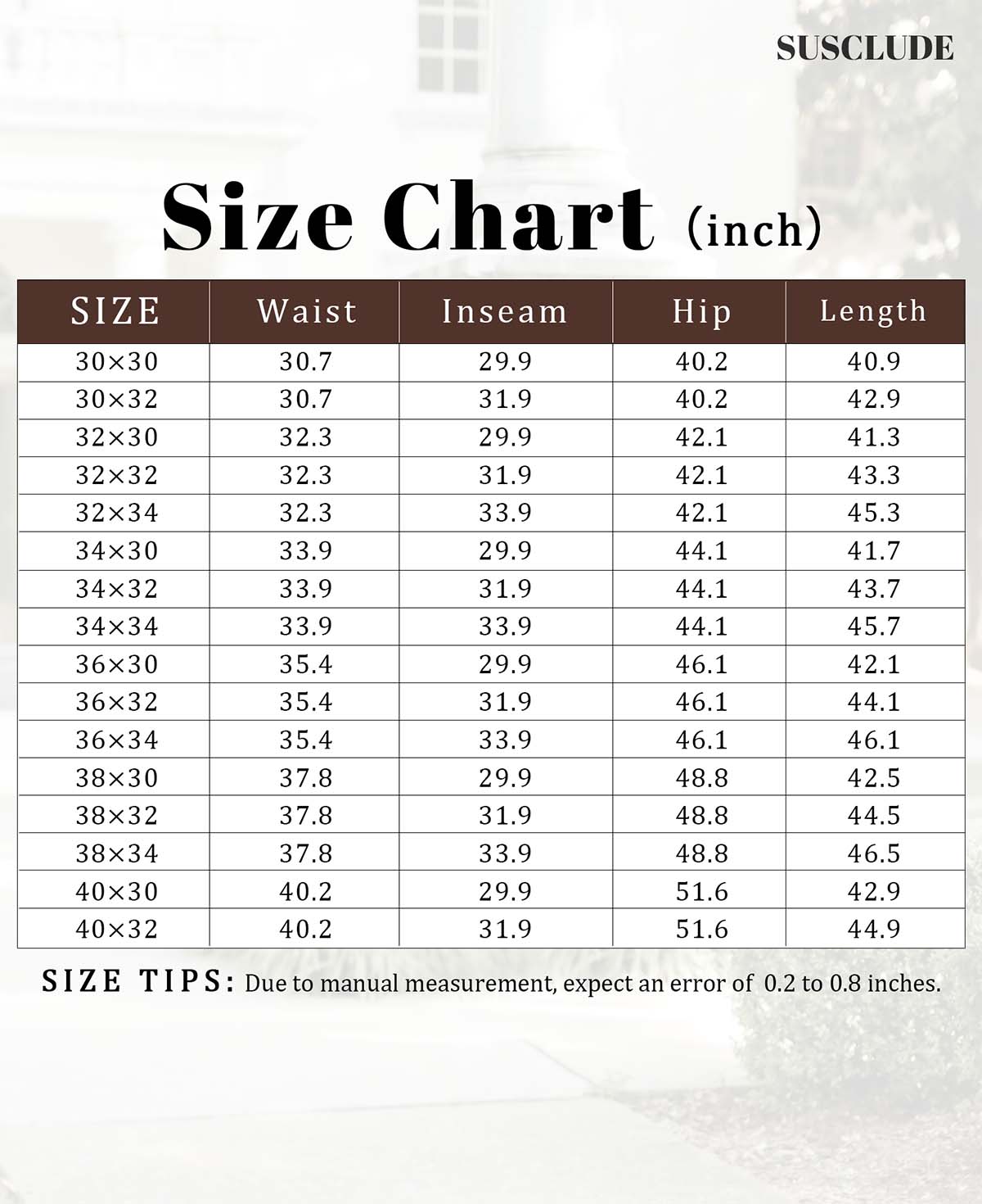 SUSCLUDE size chart for Men's Corduroy Dress Pants sizes with measurement tolerance.