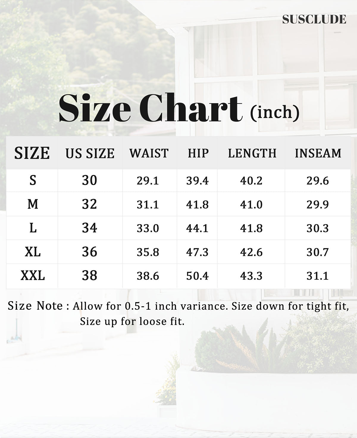 SUSCLUDE size chart for multipants in inches, including US sizes, waist, hip, length, inseam measurements, 0.2-0.6 inch tolerance.