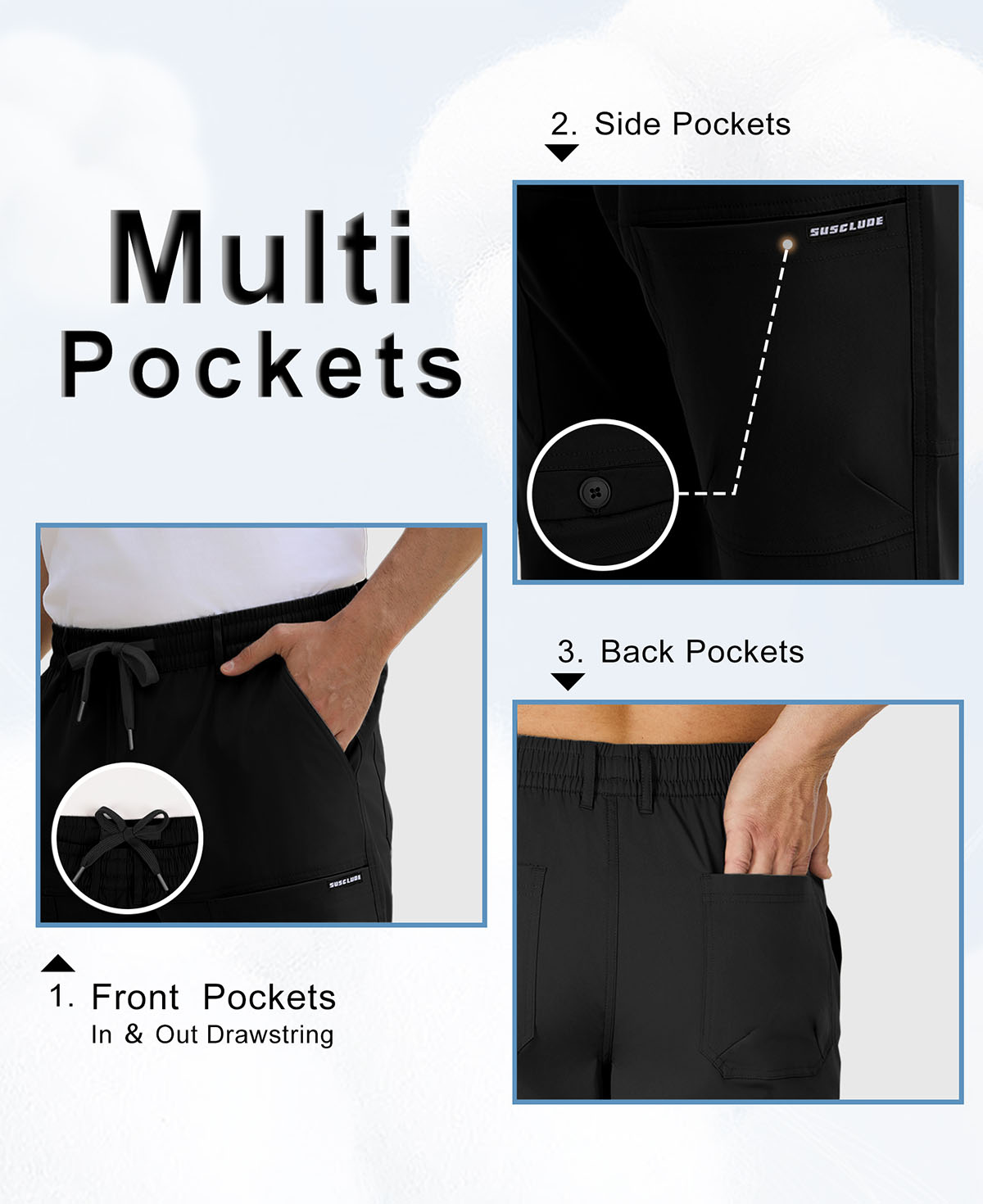 Features: front pockets, adjustable drawstring, side buckle pockets, rear pockets on men's durable multipants.
