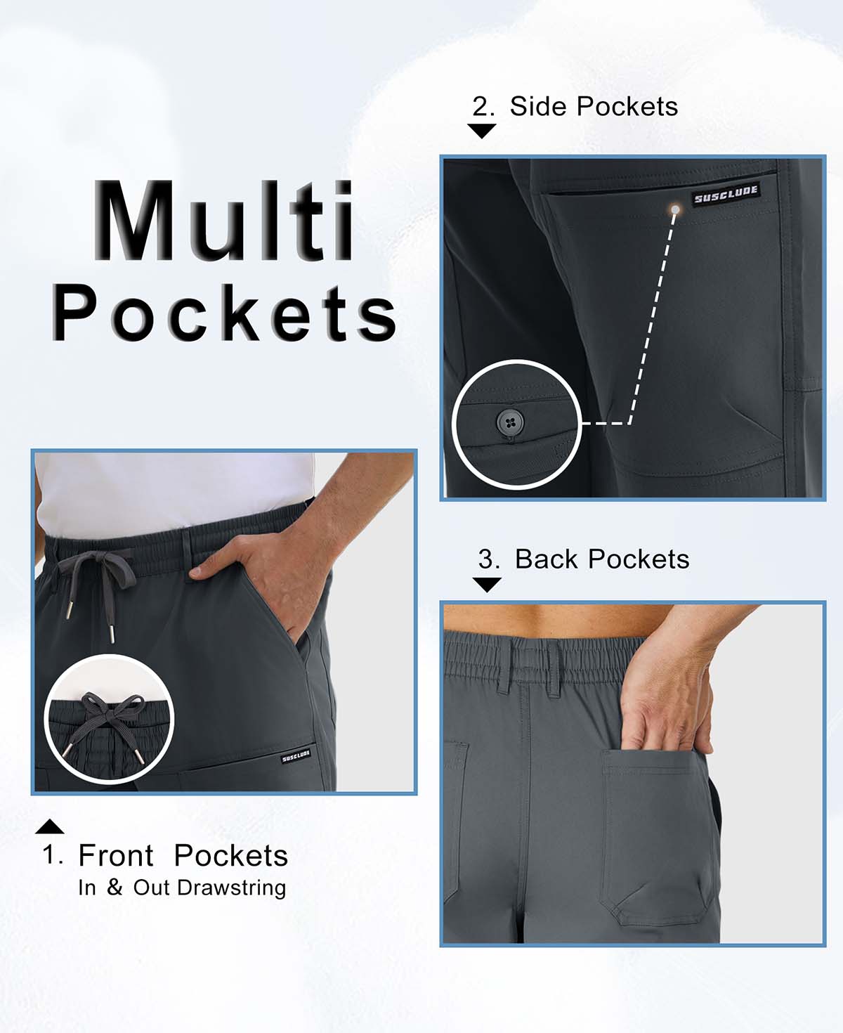 Features: front pockets, adjustable drawstring, side buckle pockets, rear pockets on men's durable multipants.