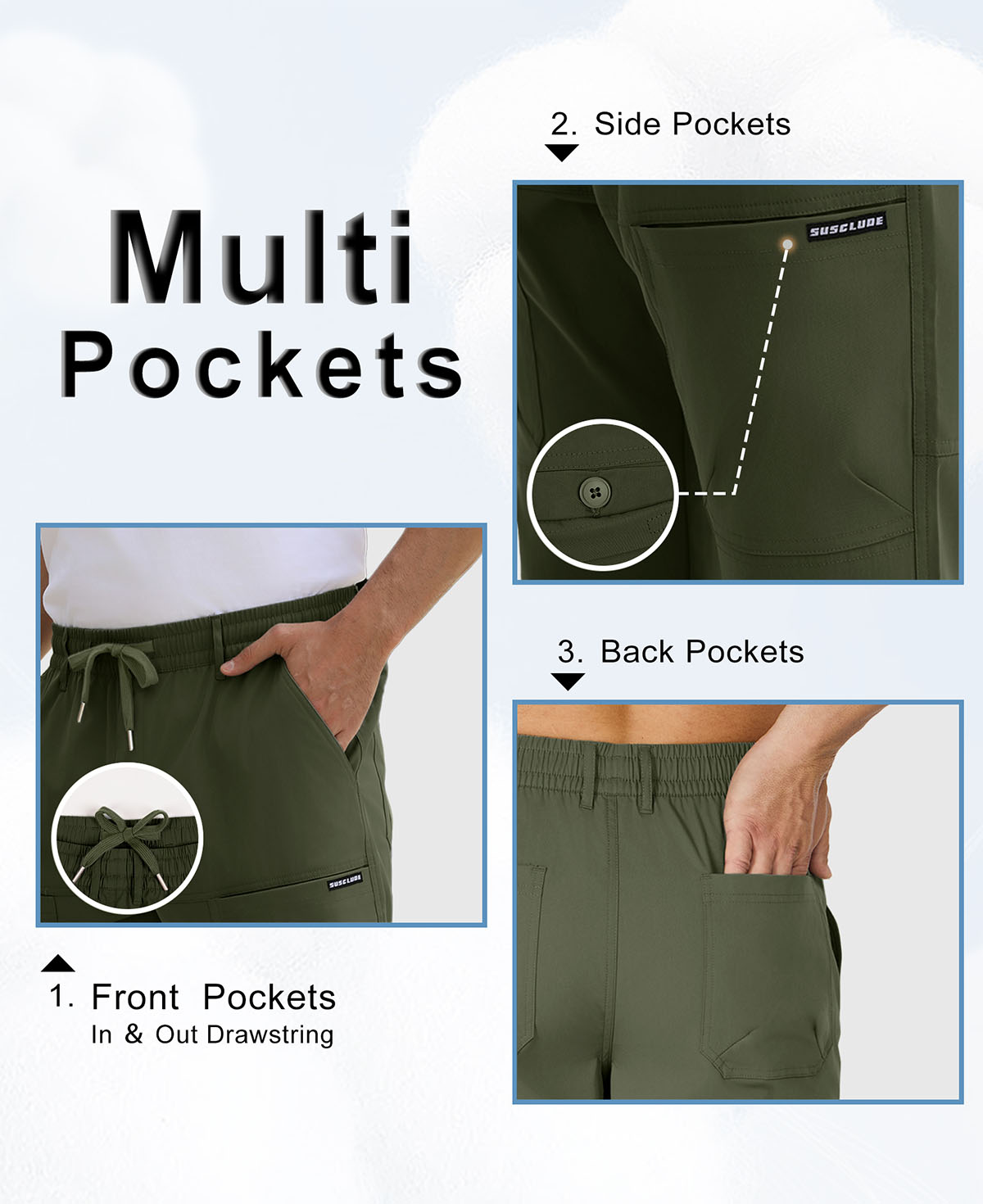 Features: front pockets, adjustable drawstring, side buckle pockets, rear pockets on men's durable multipants.