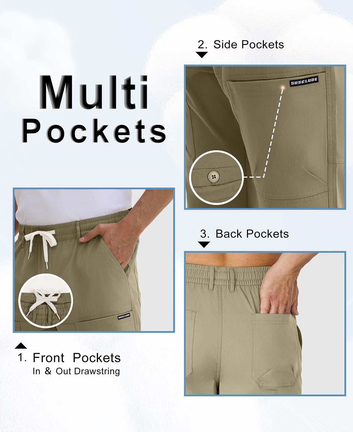 Features: front pockets, adjustable drawstring, side buckle pockets, rear pockets on men's durable multipants.