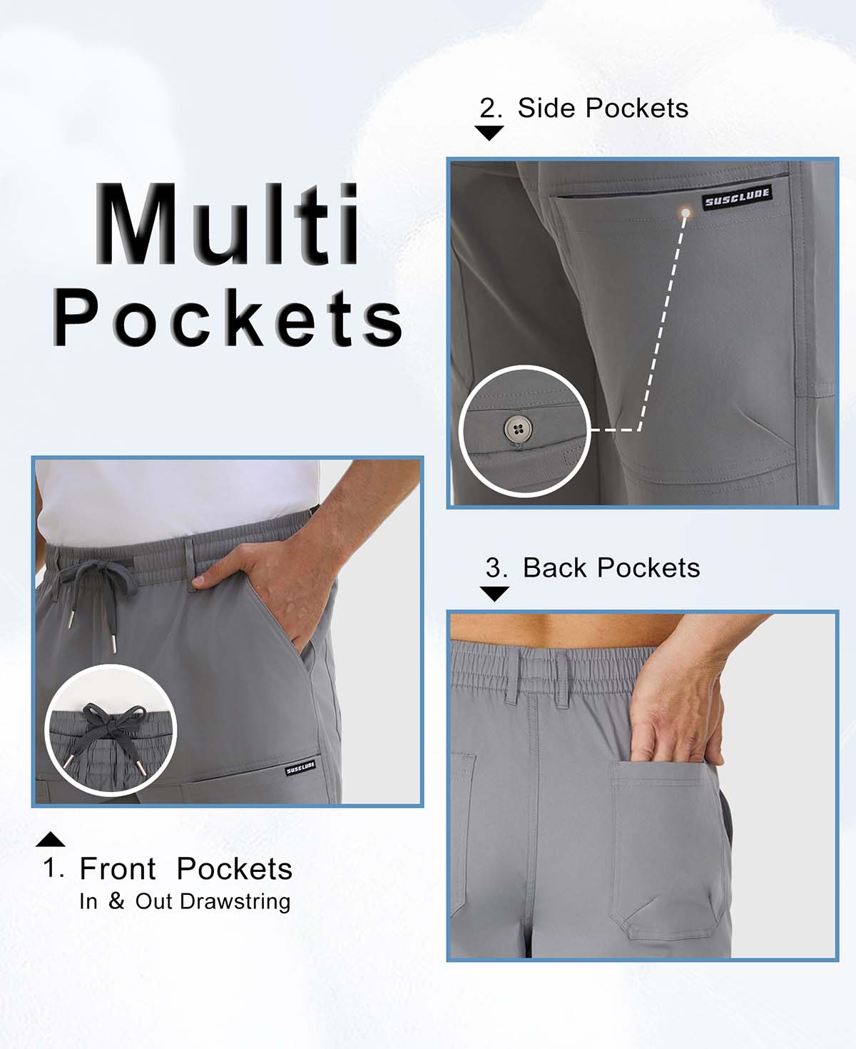 Features: front pockets, adjustable drawstring, side buckle pockets, rear pockets on men's durable multipants.