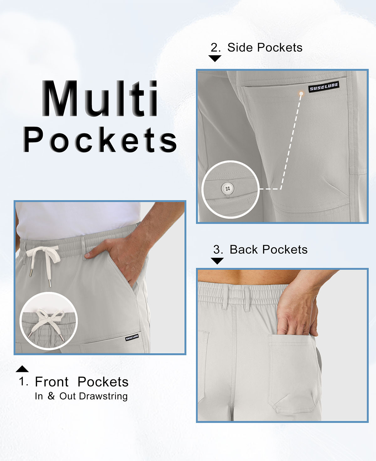Features: front pockets, adjustable drawstring, side buckle pockets, rear pockets on men's durable multipants.