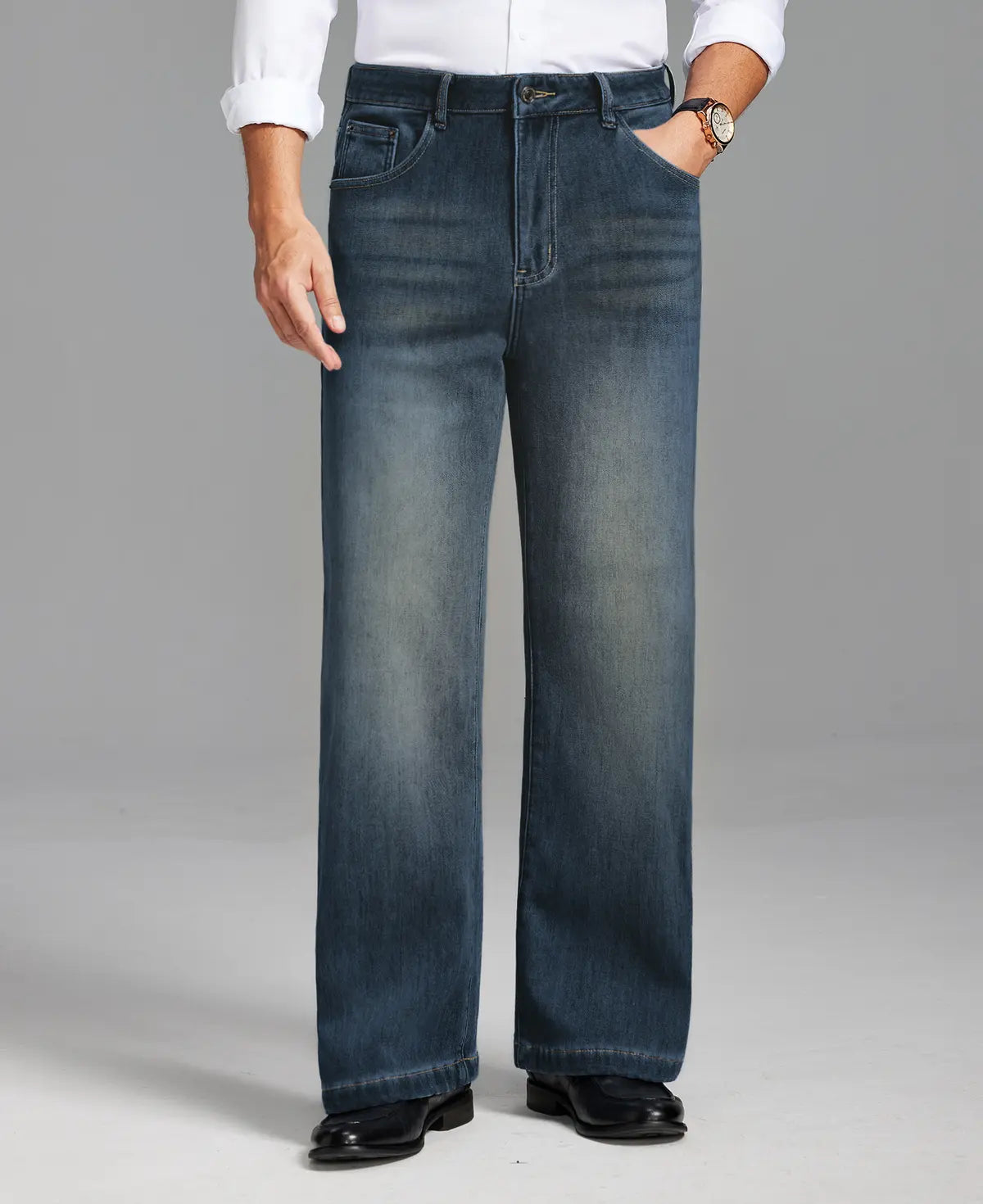 Mens Fleece Lined Bootcut Jeans— Wide Leg & Stretch