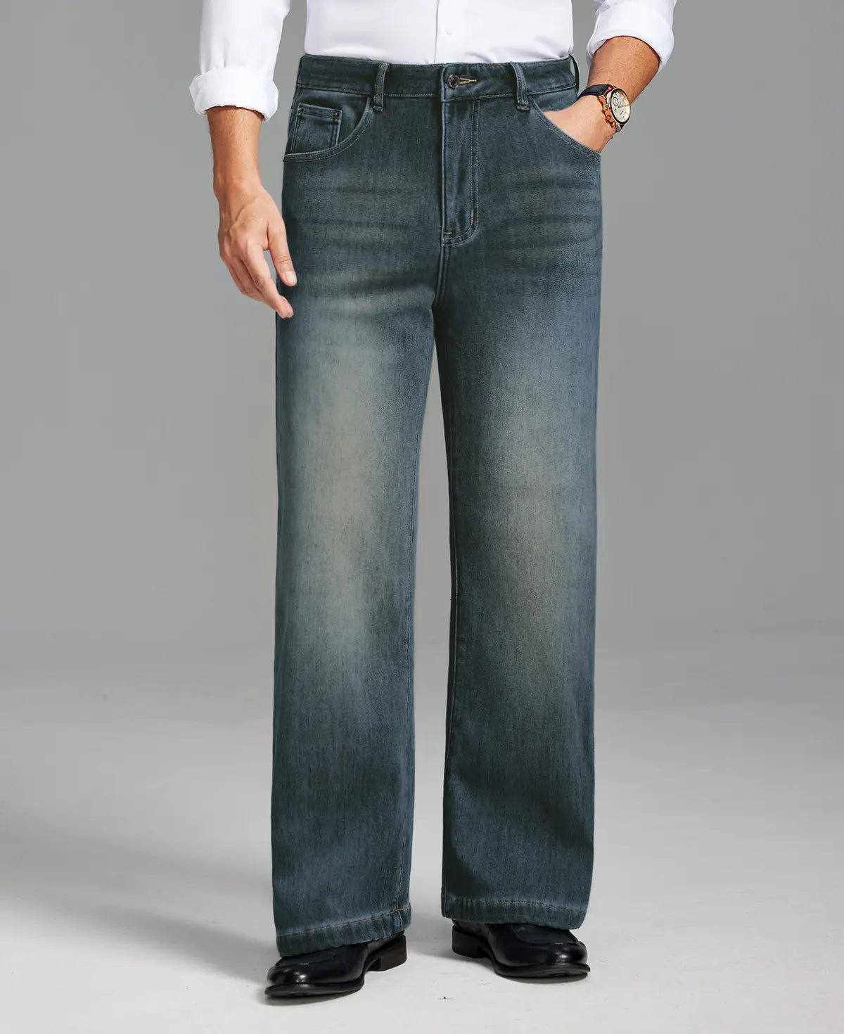 Mens Fleece Lined Bootcut Jeans— Wide Leg & Stretch