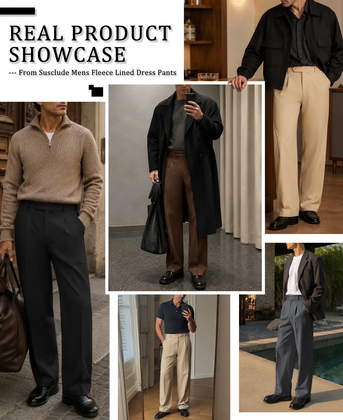 Fleece Lined Dress Pants- Sword-shaped Tab & Wide Leg