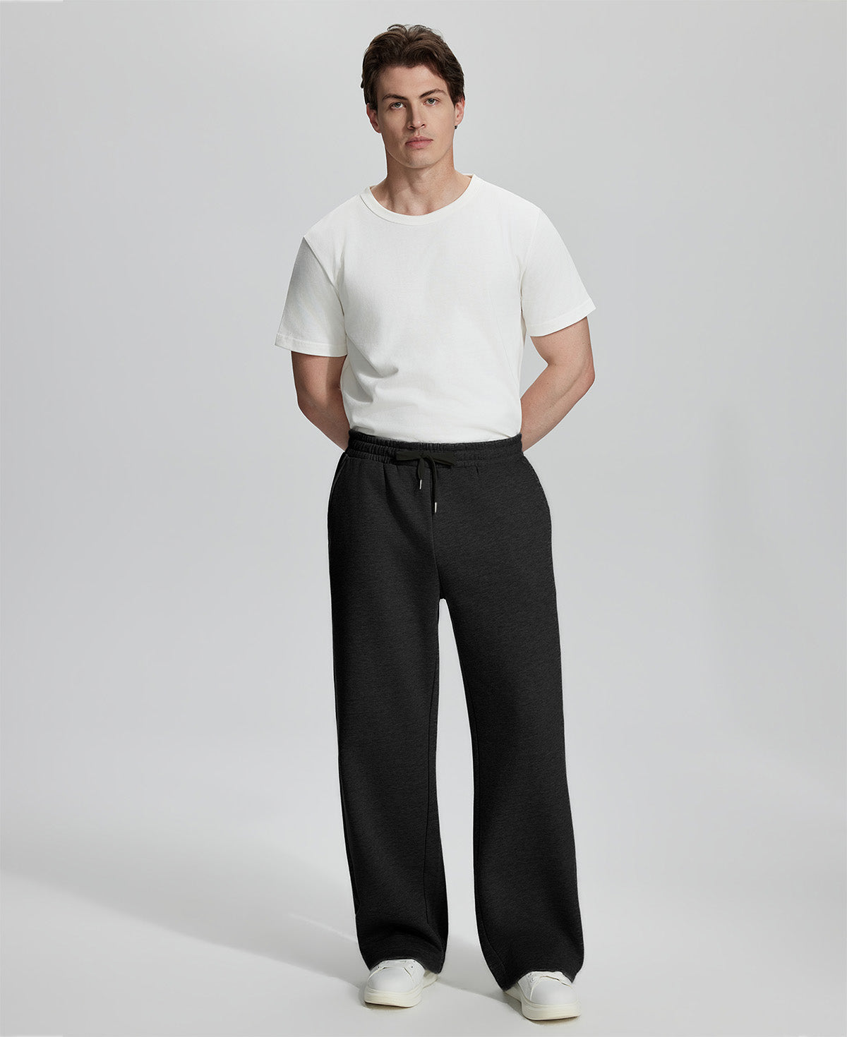 White tee , black Men's Fleece Sweatpants ¨C Wide Leg Heavyweight Lounge Pants for effortless daily casual style.