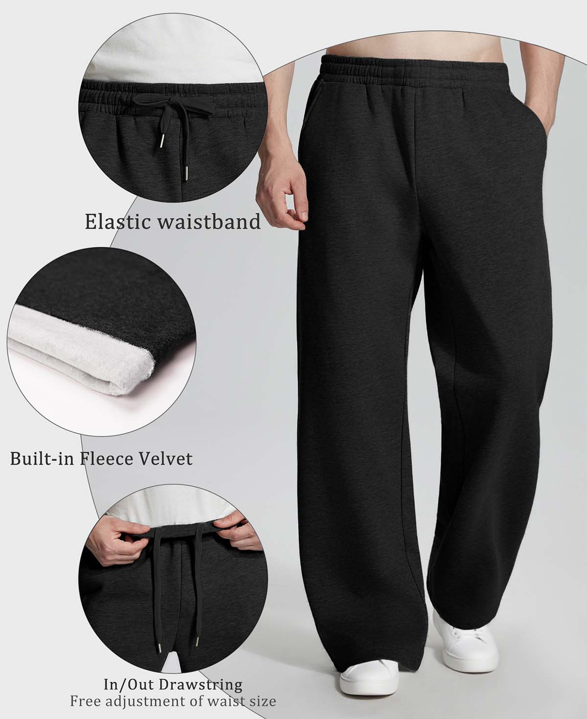 Features: elastic waistband, brushed fleece lining, dual drawstrings (inner & outer) for personalized fit on lounge pants.