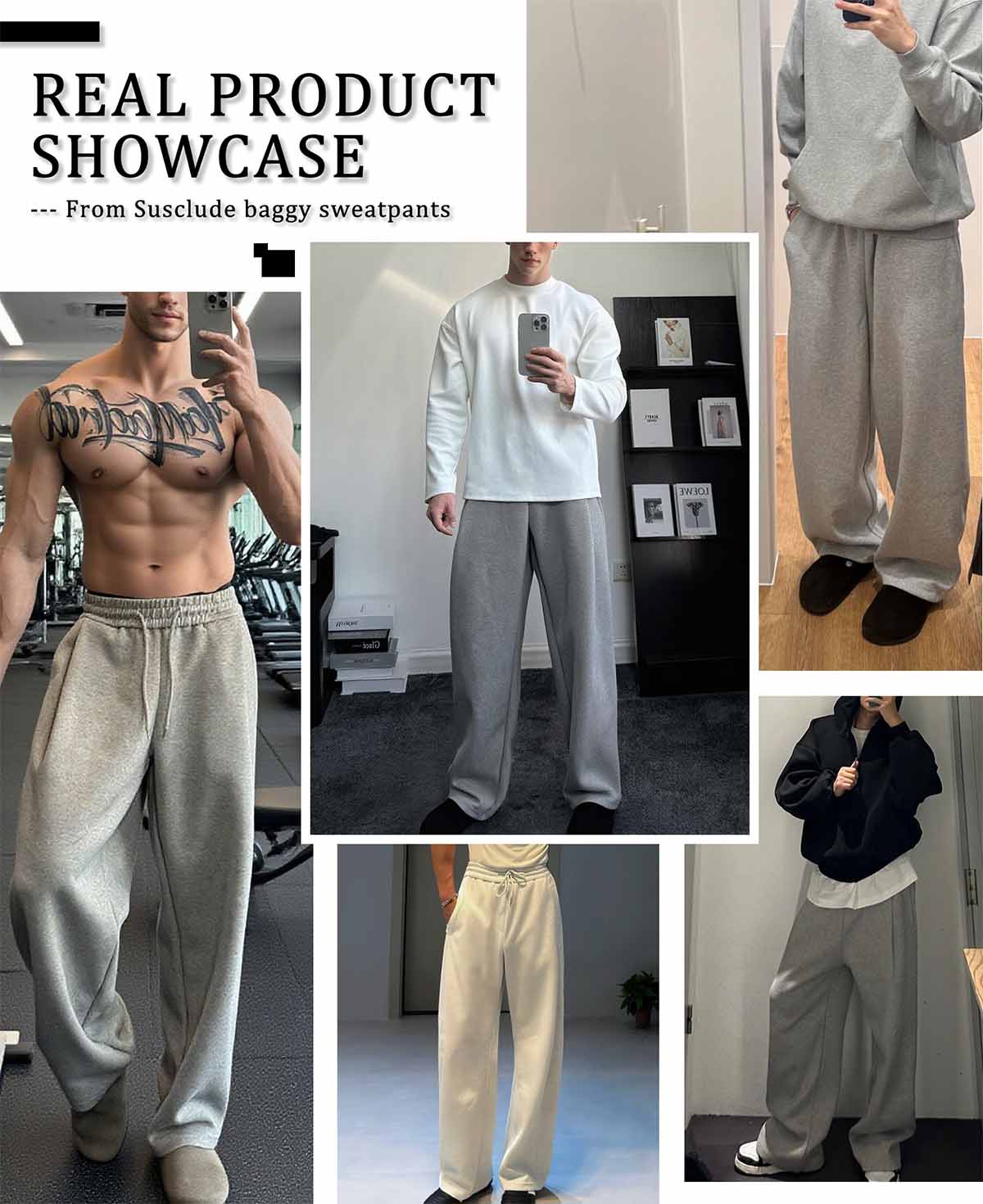 Grey, off-white, black Men's Fleece Sweatpants styled for gym, home, or street, versatile heavyweight lounge pants.