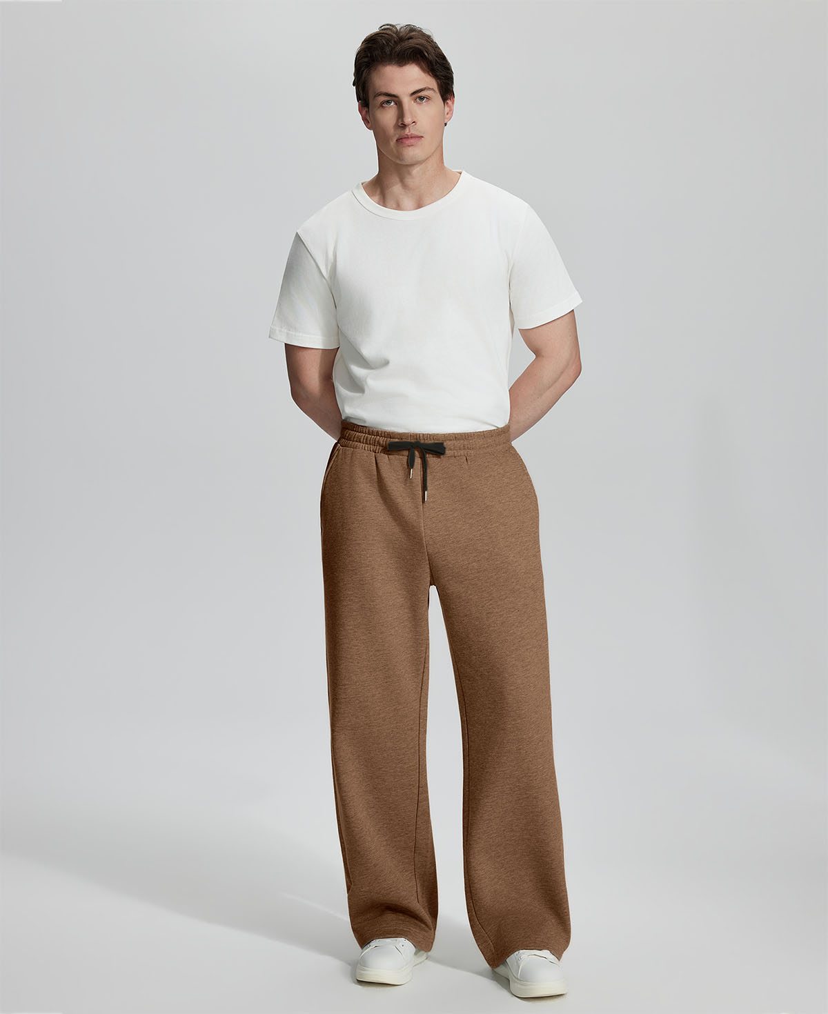 White tee , coffee Men's Fleece Sweatpants ¨C Wide Leg Heavyweight Lounge Pants for effortless daily casual style.