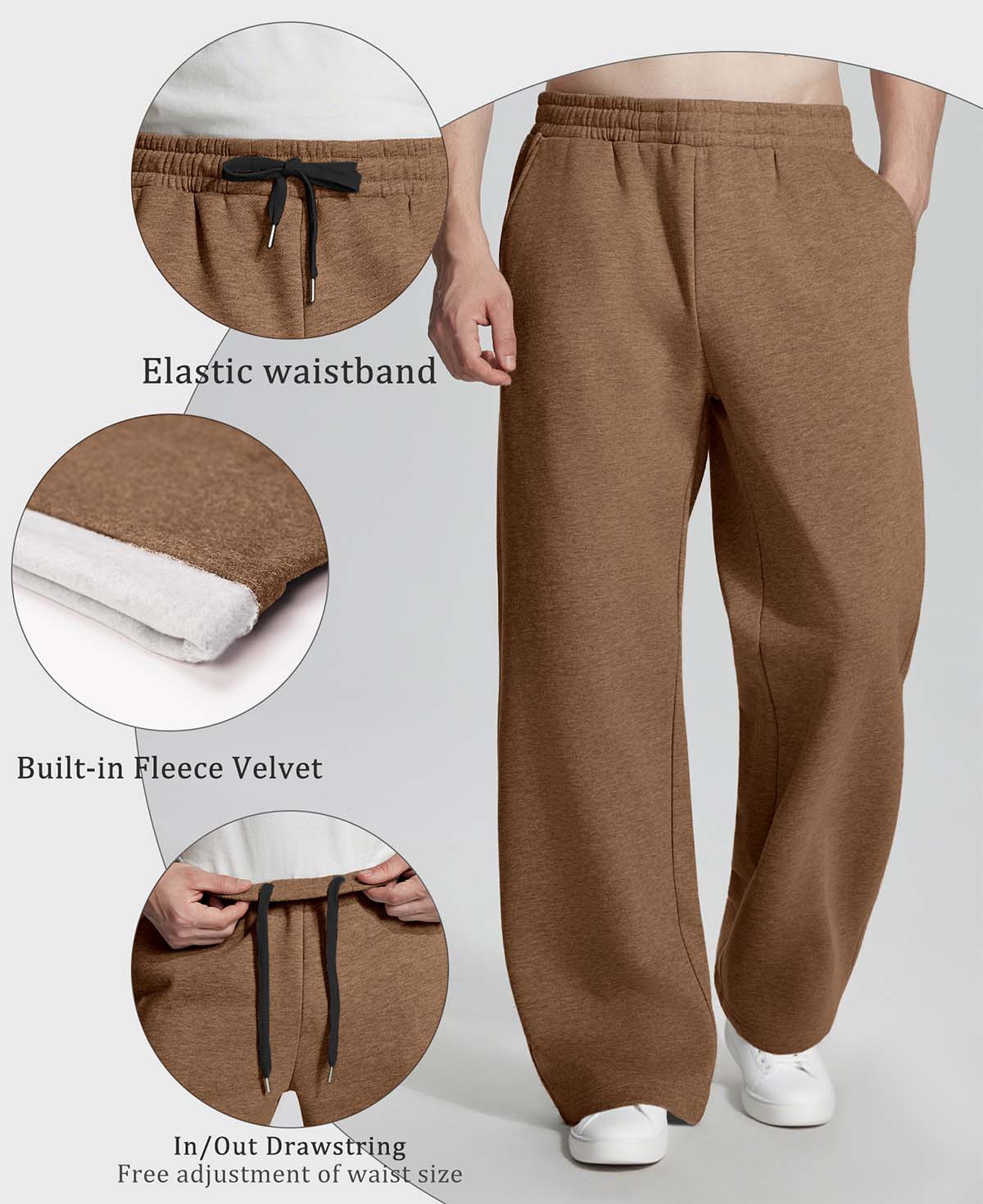 Features: elastic waistband, brushed fleece lining, dual drawstrings (inner & outer) for personalized fit on lounge pants.