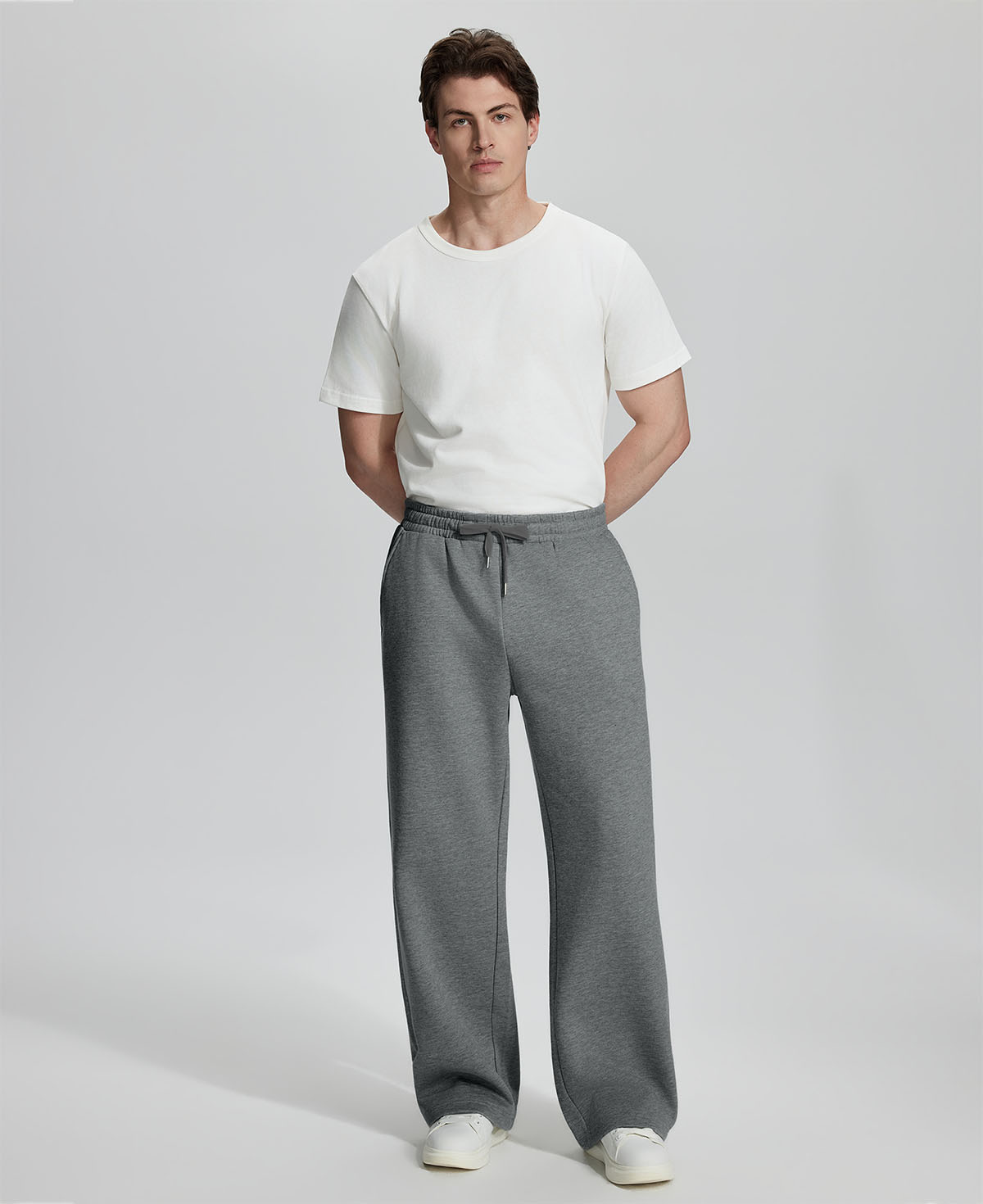 White tee , dark grey Men's Fleece Sweatpants ¨C Wide Leg Heavyweight Lounge Pants for effortless daily casual style.