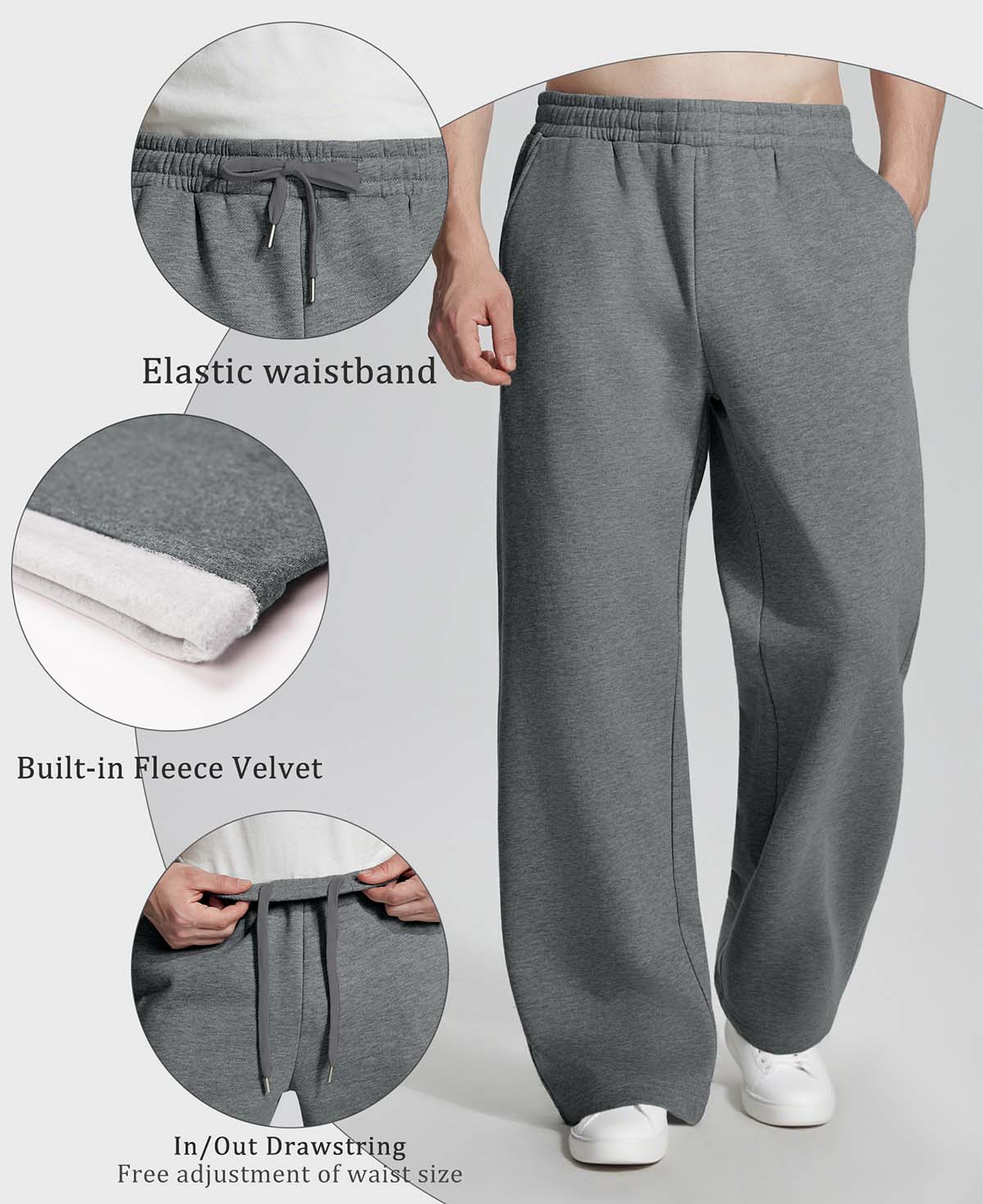 Features: elastic waistband, brushed fleece lining, dual drawstrings (inner & outer) for personalized fit on lounge pants.