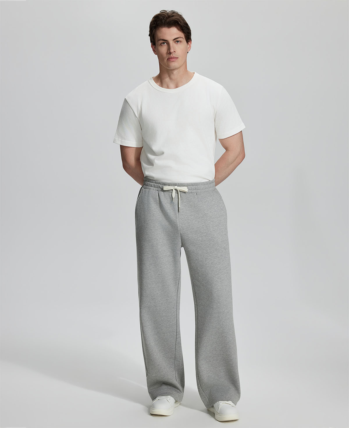 White tee , light grey Men's Fleece Sweatpants ¨C Wide Leg Heavyweight Lounge Pants for effortless daily casual style.