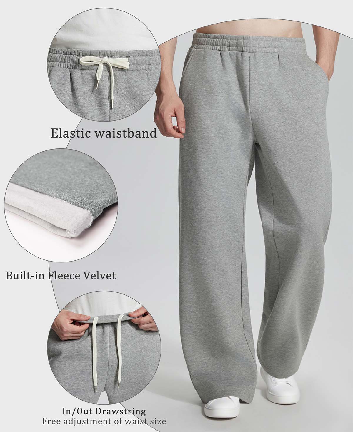 Features: elastic waistband, brushed fleece lining, dual drawstrings (inner & outer) for personalized fit on lounge pants.