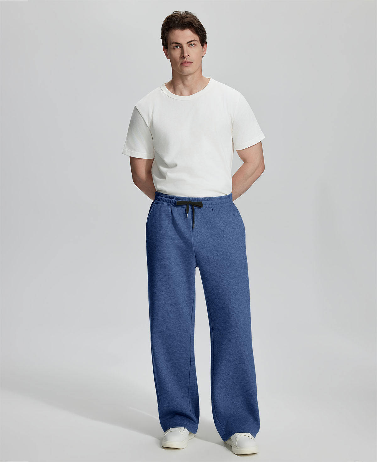 White tee , navy Men's Fleece Sweatpants ¨C Wide Leg Heavyweight Lounge Pants for effortless daily casual style.