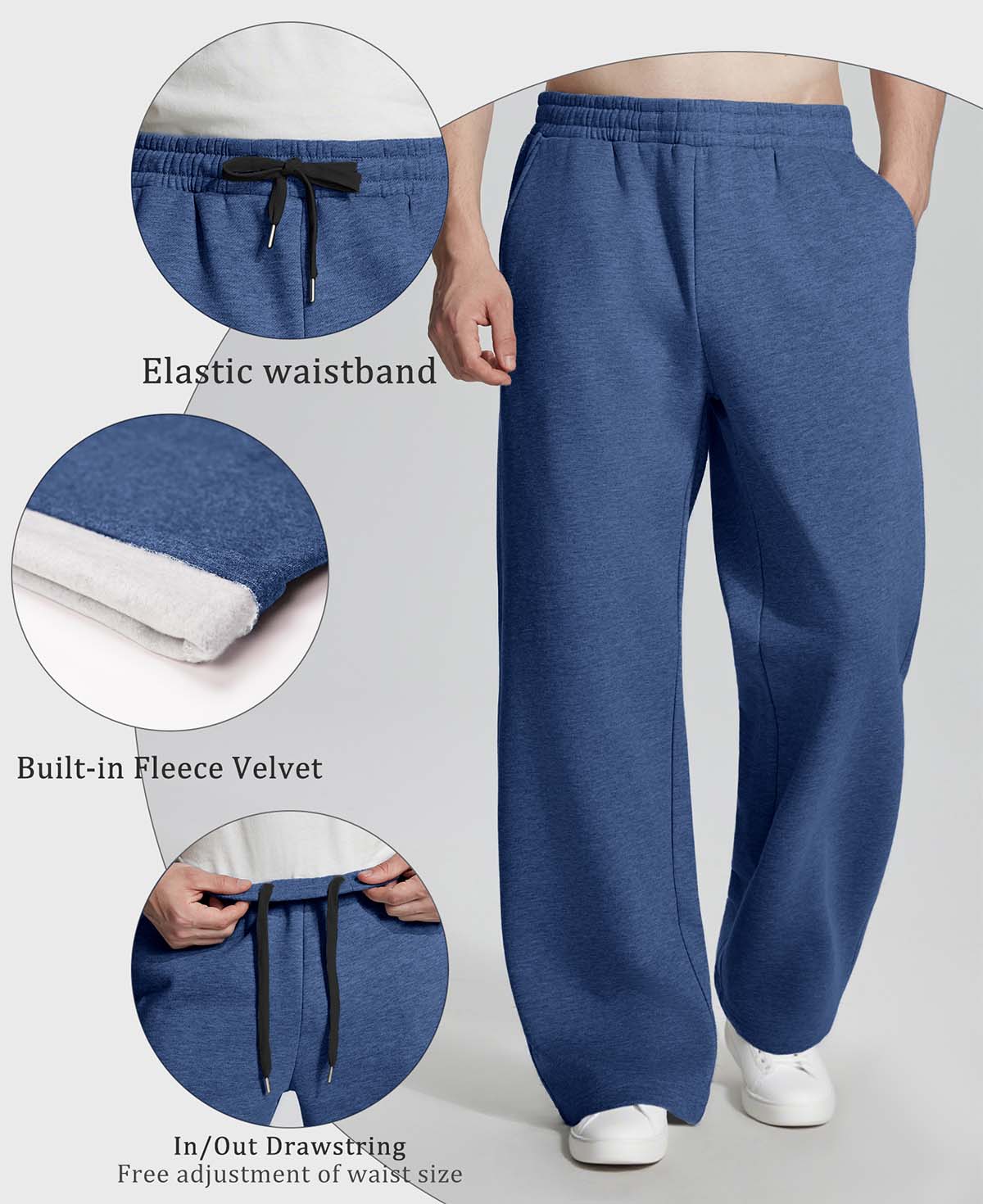 Features: elastic waistband, brushed fleece lining, dual drawstrings (inner & outer) for personalized fit on lounge pants.
