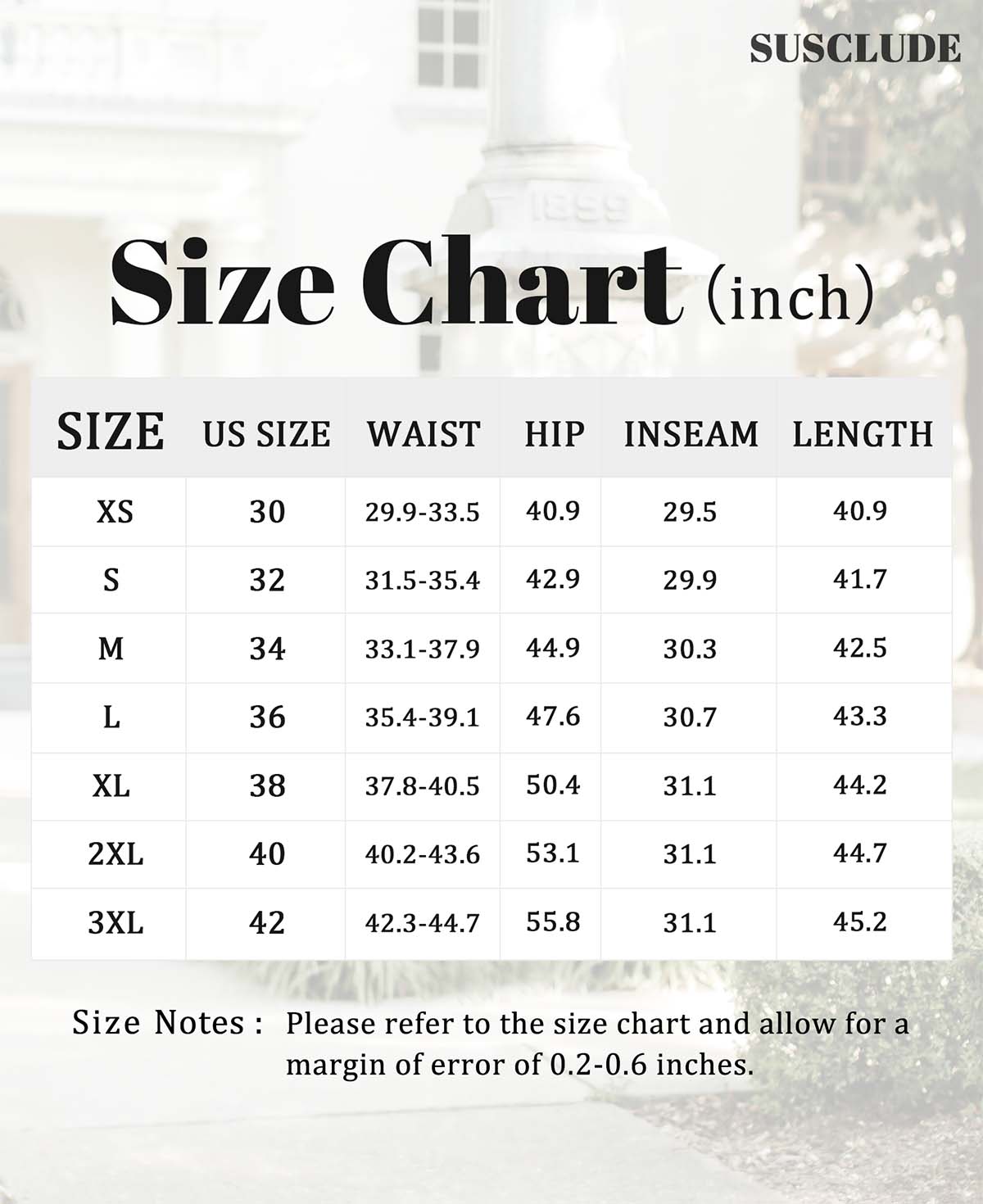 SUSCLUDE size chart (inches): stretch waist, hip, inseam, length, with 0.2¨C0.6" manual measurement tolerance.