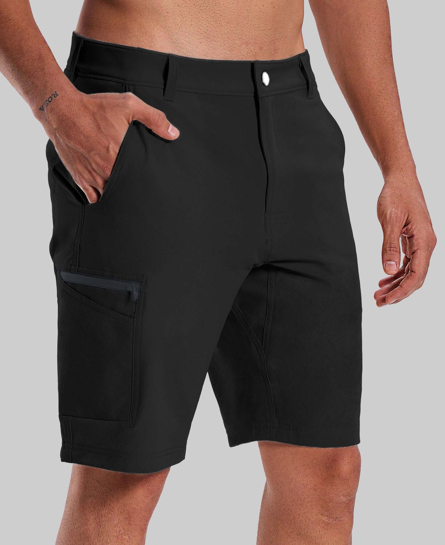 Standalone view of black Men's Golf & Hiking Shorts highlighting side zip pocket and tailored cut for a sleek look.