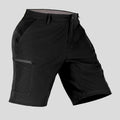 Side view of man in black Men's Golf & Hiking Shorts, showing front pockets, button waistband, and side zip pocket details.