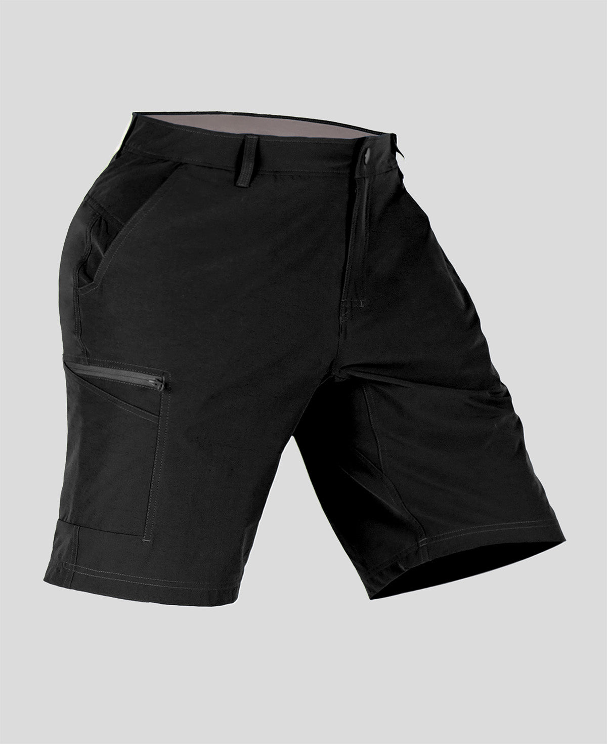 Side view of man in black Men's Golf & Hiking Shorts, showing front pockets, button waistband, and side zip pocket details.