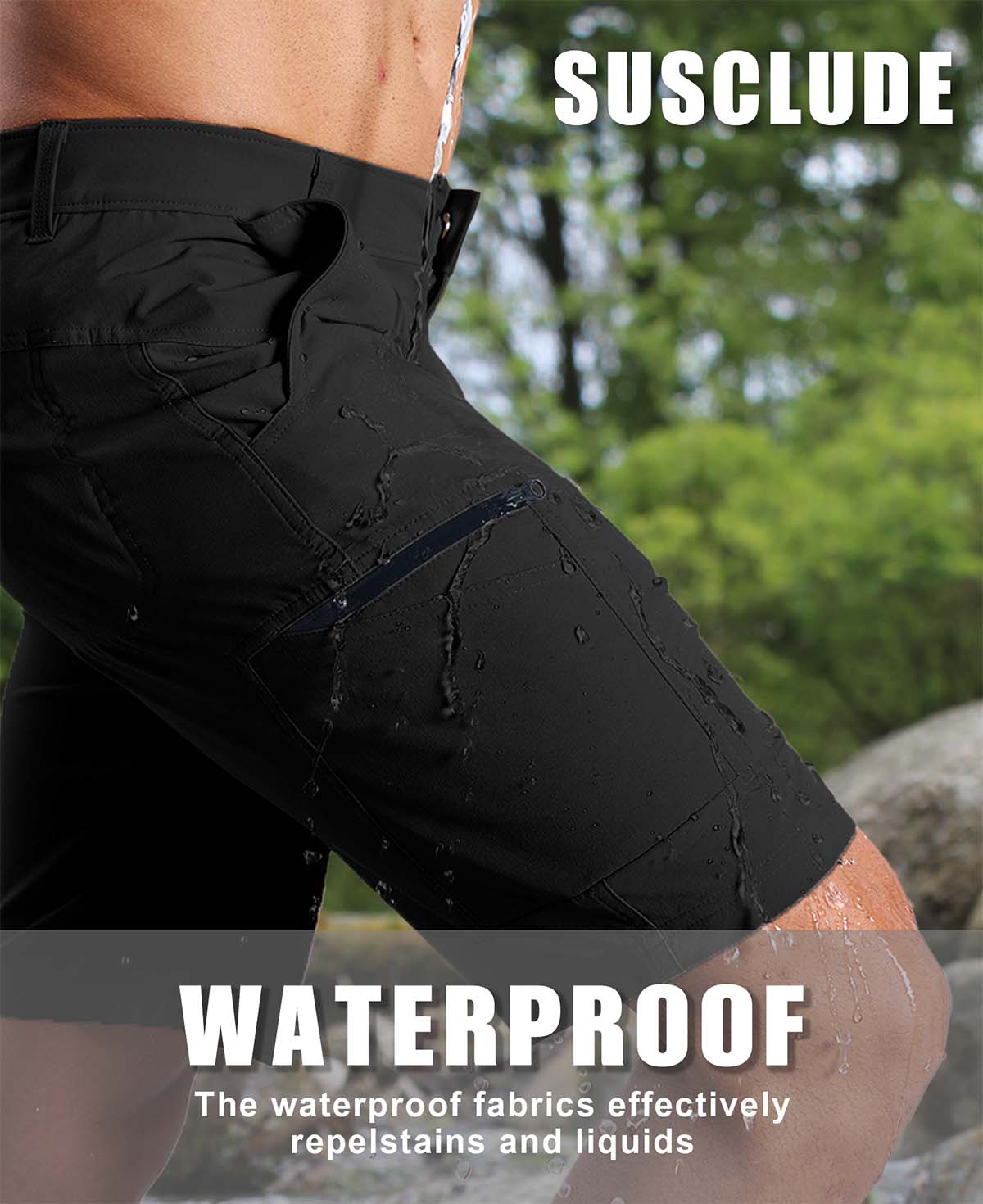 Water-resistant fabric of black Men's Golf & Hiking Shorts¡ªwater beads on surface for effective spill protection.