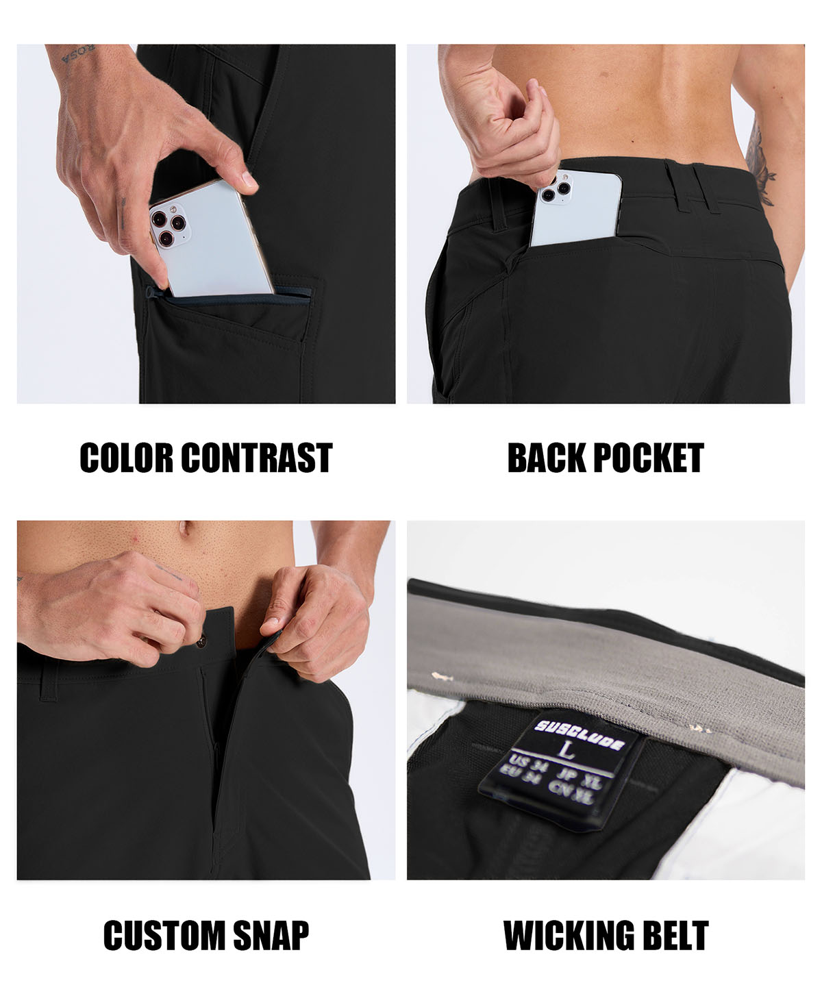 Features: contrast inner pocket lining, rear pocket storage, custom button waistband, moisture-wicking waistband.