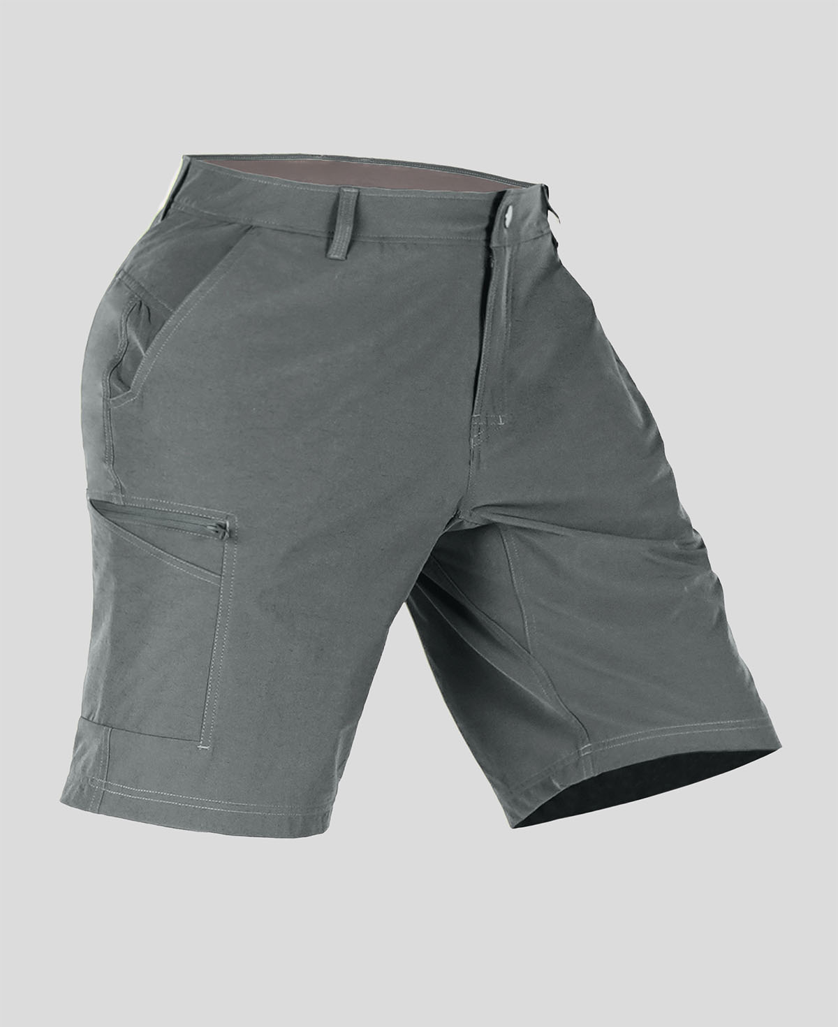 Side view of man in dark grey Men's Golf & Hiking Shorts, showing front pockets, button waistband, and side zip pocket details.