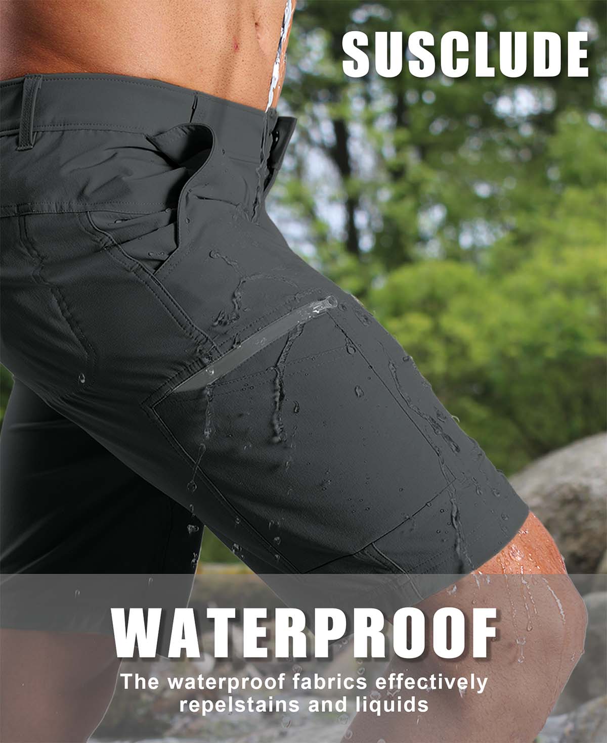 Water-resistant fabric of dark grey Men's Golf & Hiking Shorts¡ªwater beads on surface for effective spill protection.