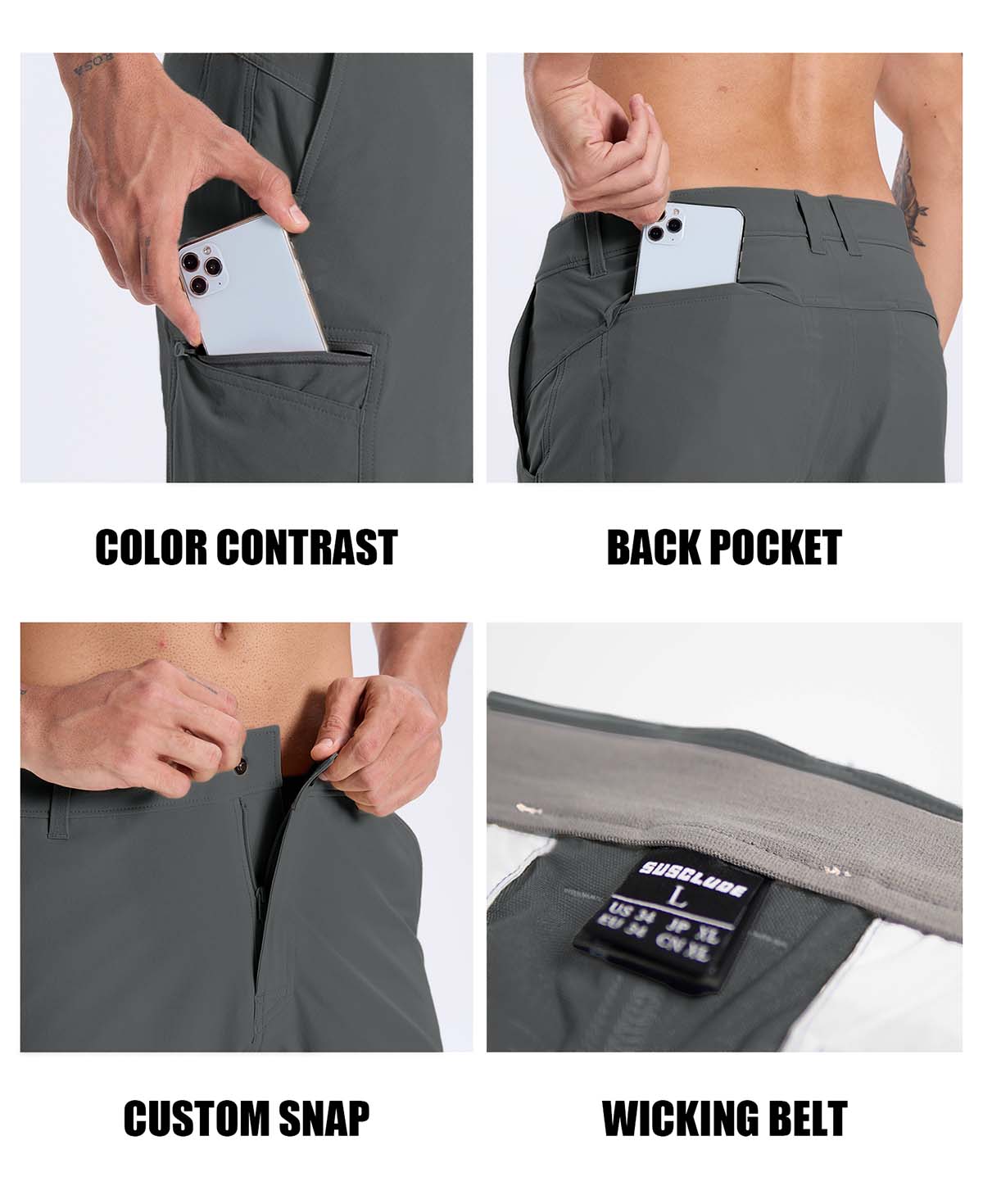 Features: contrast inner pocket lining, rear pocket storage, custom button waistband, moisture-wicking waistband.