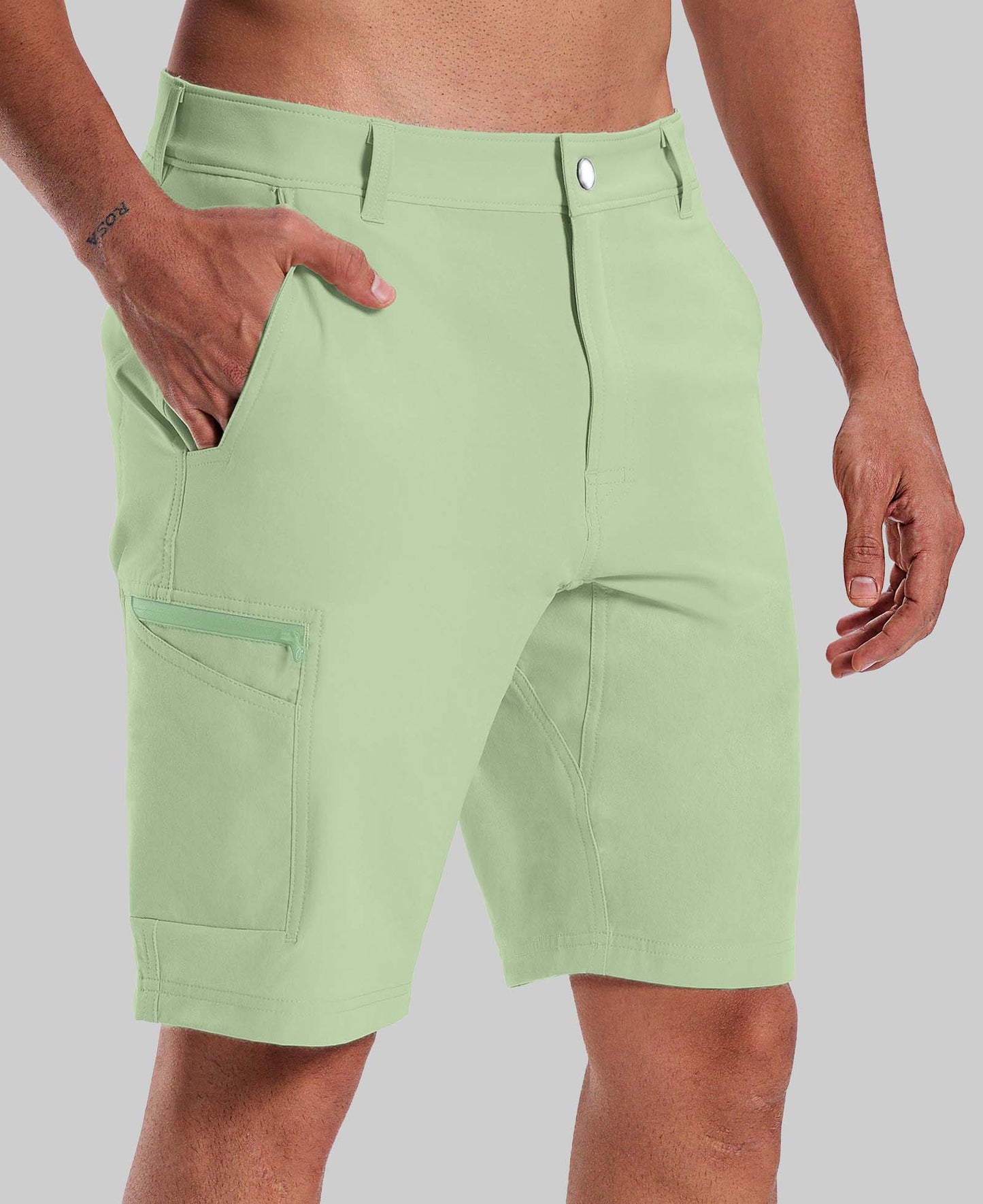 Standalone view of light green Men's Golf & Hiking Shorts highlighting side zip pocket and tailored cut for a sleek look.