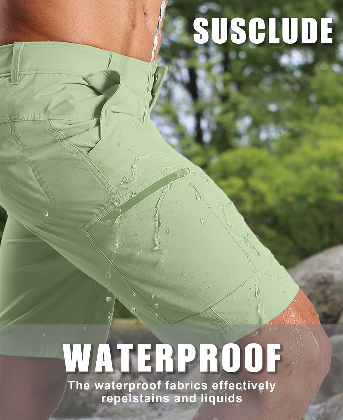 Water-resistant fabric of light green Men's Golf & Hiking Shorts¡ªwater beads on surface for effective spill protection.