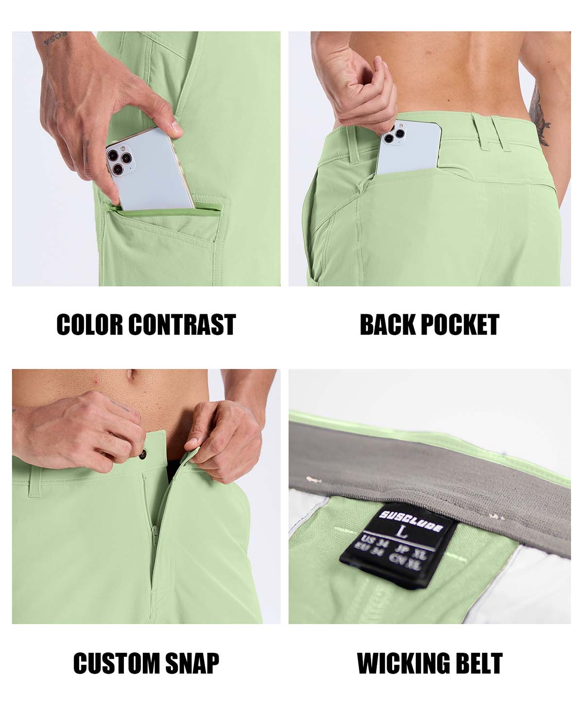 Features: contrast inner pocket lining, rear pocket storage, custom button waistband, moisture-wicking waistband.