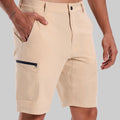 Standalone view of khaki Men's Golf & Hiking Shorts highlighting side zip pocket and tailored cut for a sleek look.