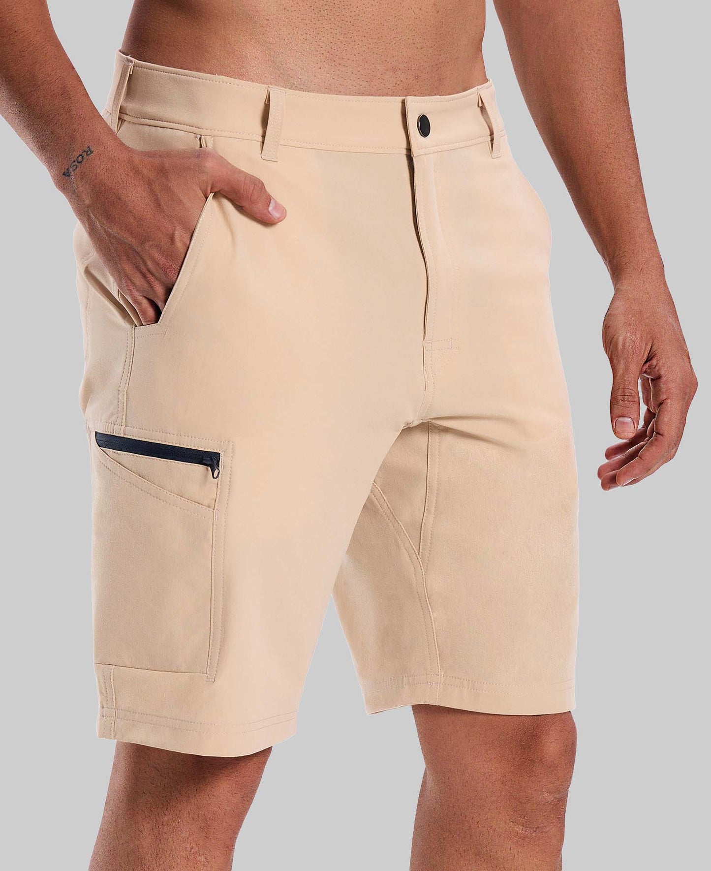 Standalone view of khaki Men's Golf & Hiking Shorts highlighting side zip pocket and tailored cut for a sleek look.