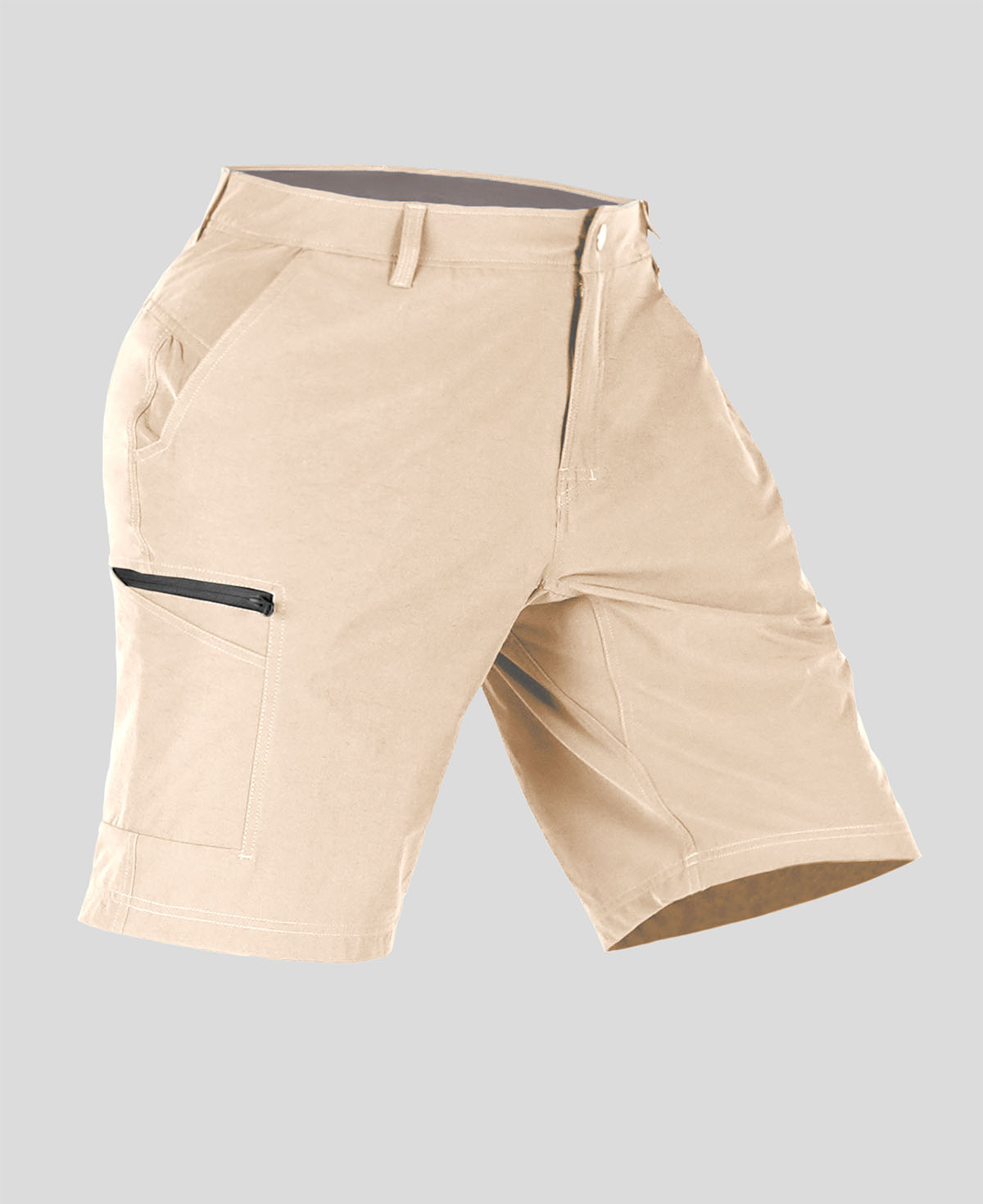 Side view of man in khaki Men's Golf & Hiking Shorts, showing front pockets, button waistband, and side zip pocket details.