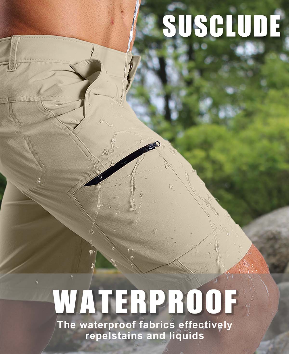 Water-resistant fabric of khaki Men's Golf & Hiking Shorts¡ªwater beads on surface for effective spill protection.