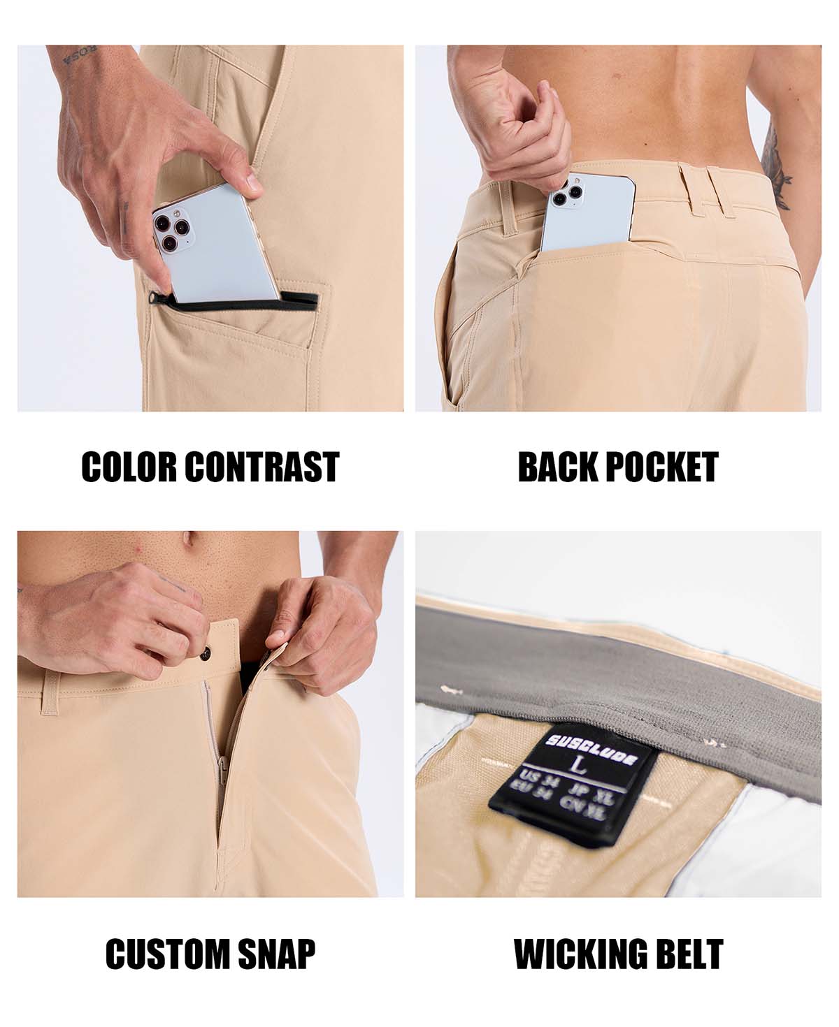 Features: contrast inner pocket lining, rear pocket storage, custom button waistband, moisture-wicking waistband.