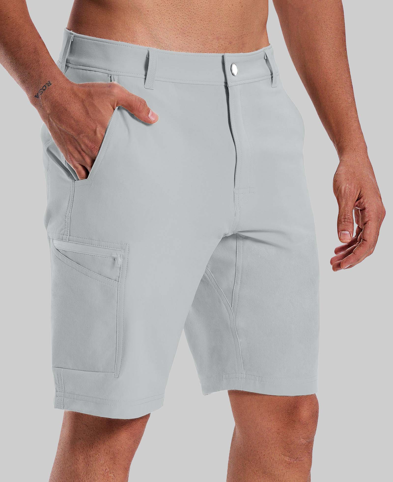 Standalone view of light gray Men's Golf & Hiking Shorts highlighting side zip pocket and tailored cut for a sleek look.