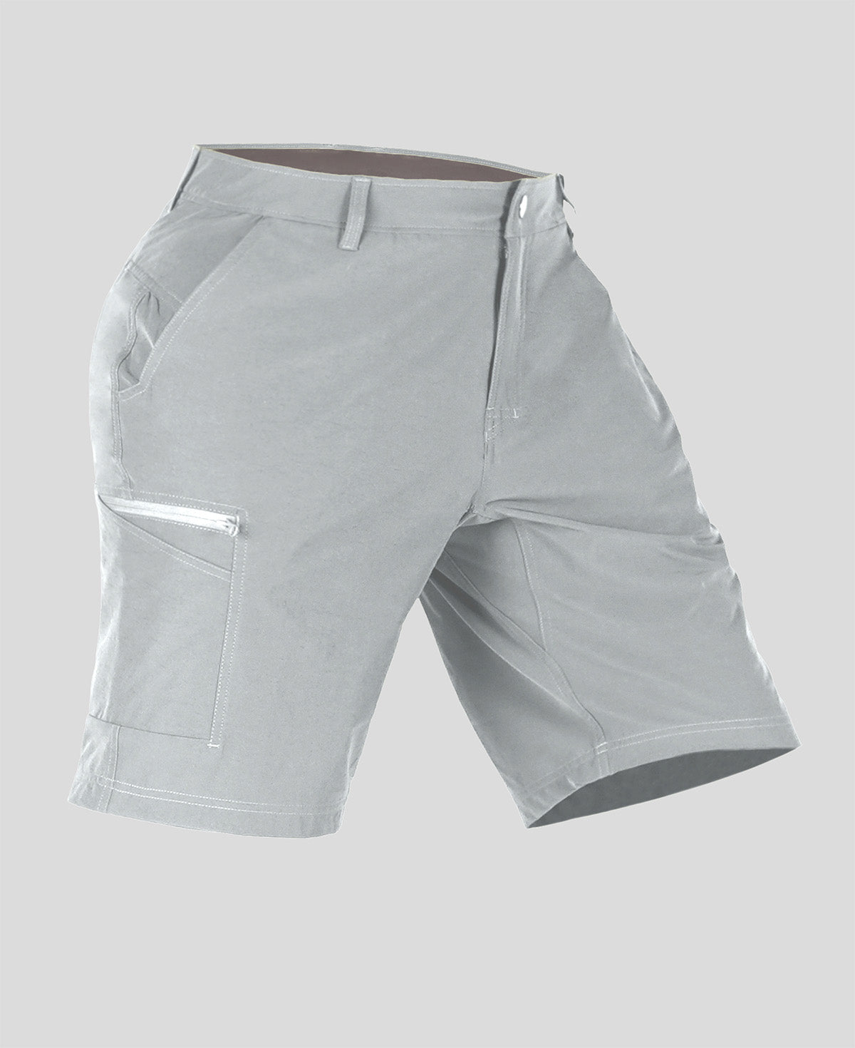 Side view of man in light gray Men's Golf & Hiking Shorts, showing front pockets, button waistband, and side zip pocket details.