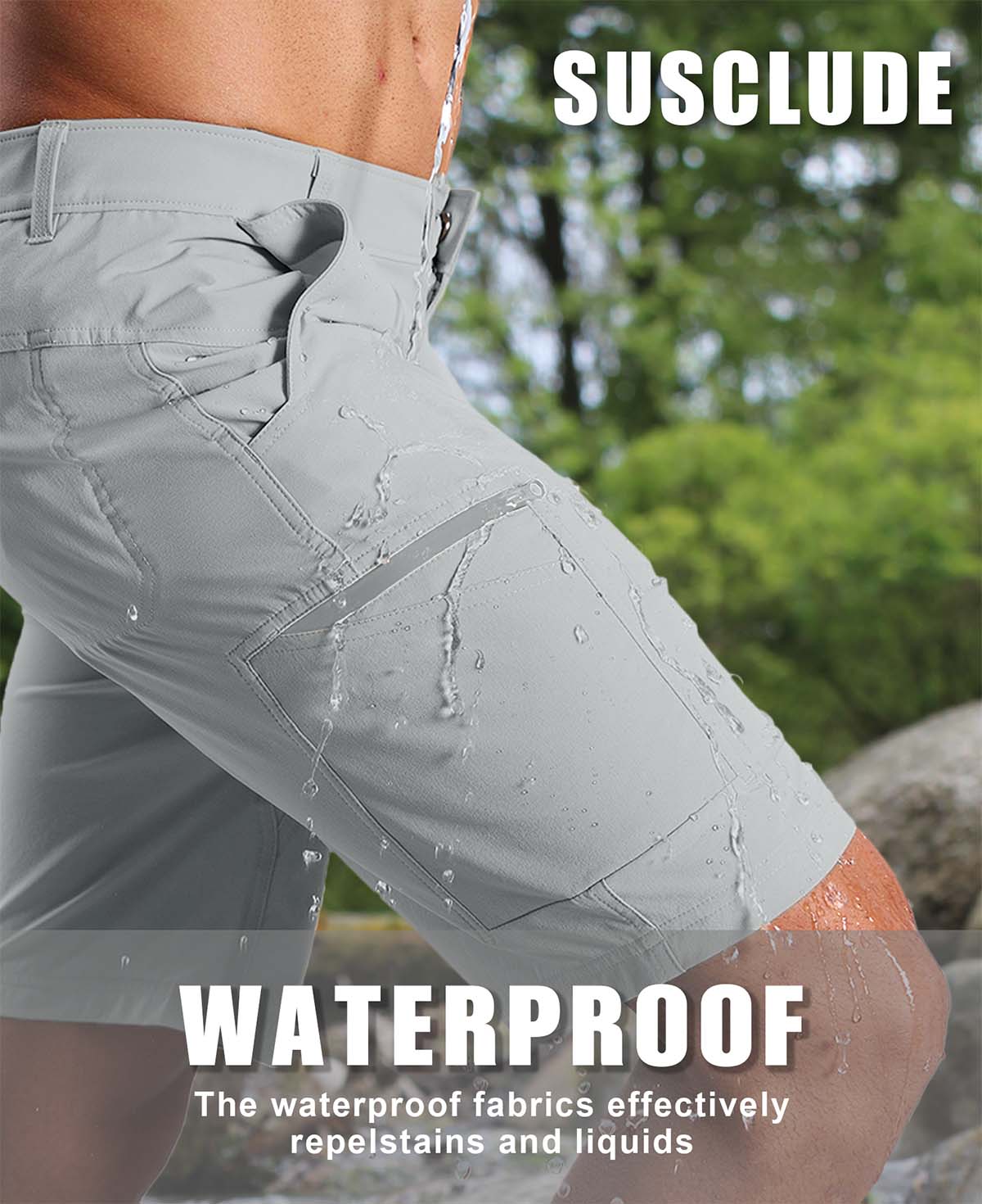 Water-resistant fabric of light gray Men's Golf & Hiking Shorts¡ªwater beads on surface for effective spill protection.