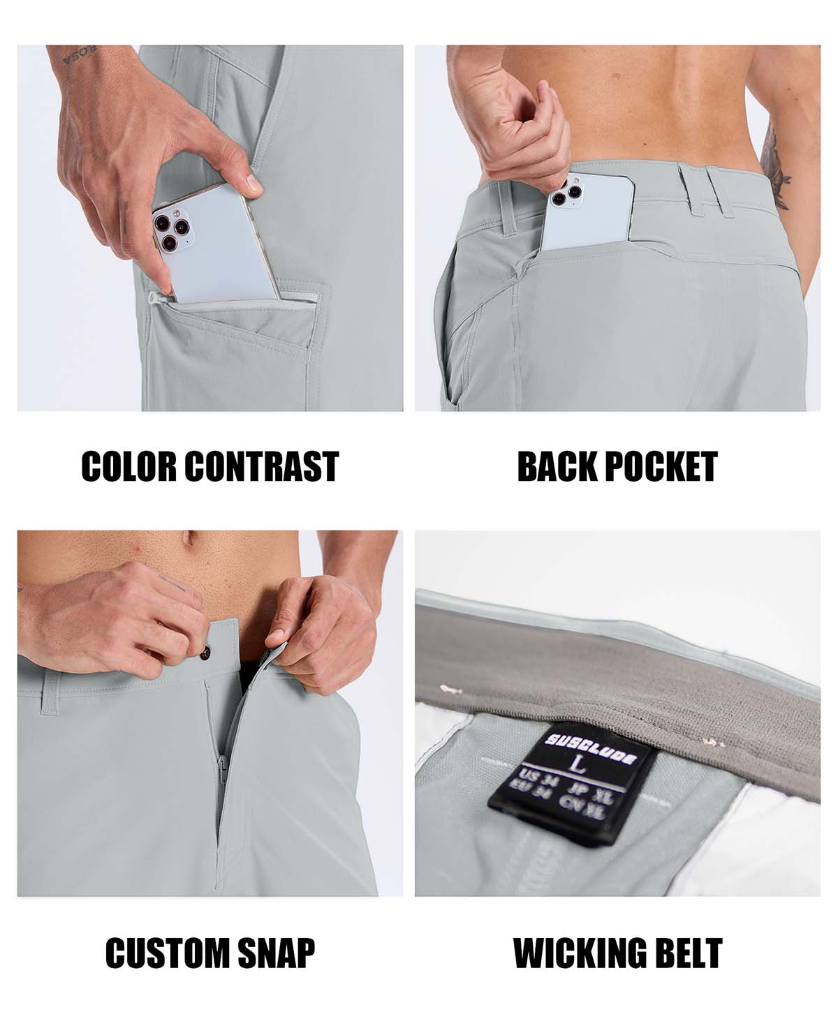 Features: contrast inner pocket lining, rear pocket storage, custom button waistband, moisture-wicking waistband.