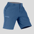 Side view of man in navy blue Men's Golf & Hiking Shorts, showing front pockets, button waistband, and side zip pocket details.