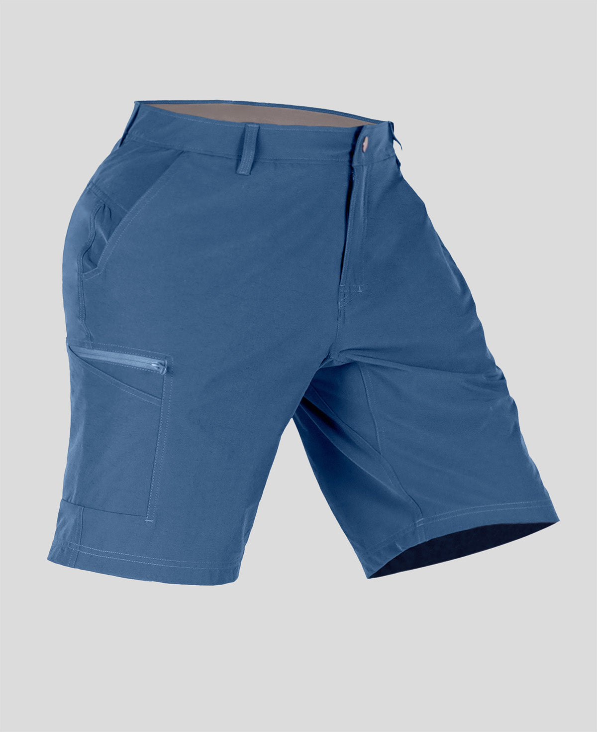 Side view of man in navy blue Men's Golf & Hiking Shorts, showing front pockets, button waistband, and side zip pocket details.