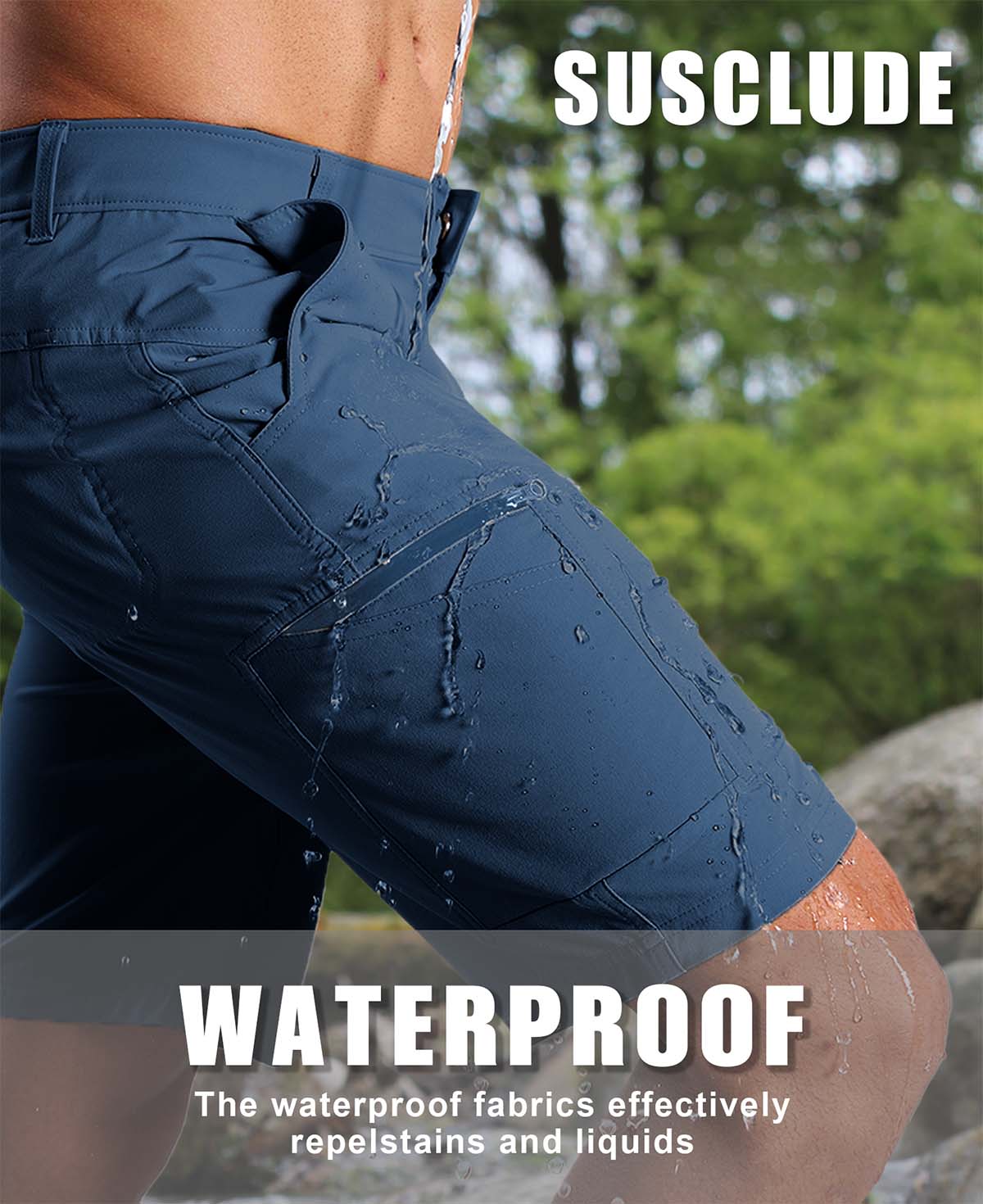 Water-resistant fabric of navy blue Men's Golf & Hiking Shorts¡ªwater beads on surface for effective spill protection.